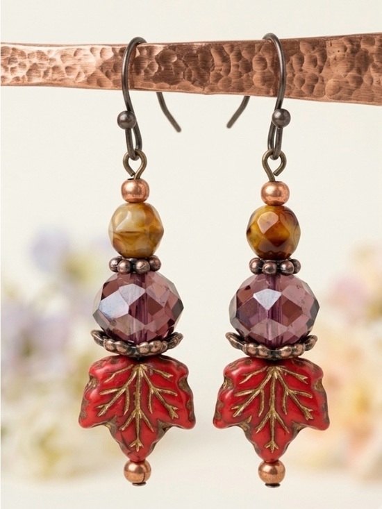 Hand Crafted Jewelry - Hand Crafted Passion Leaves Dangle Earrings Crimson & Copper 2” Czech Glass NWT